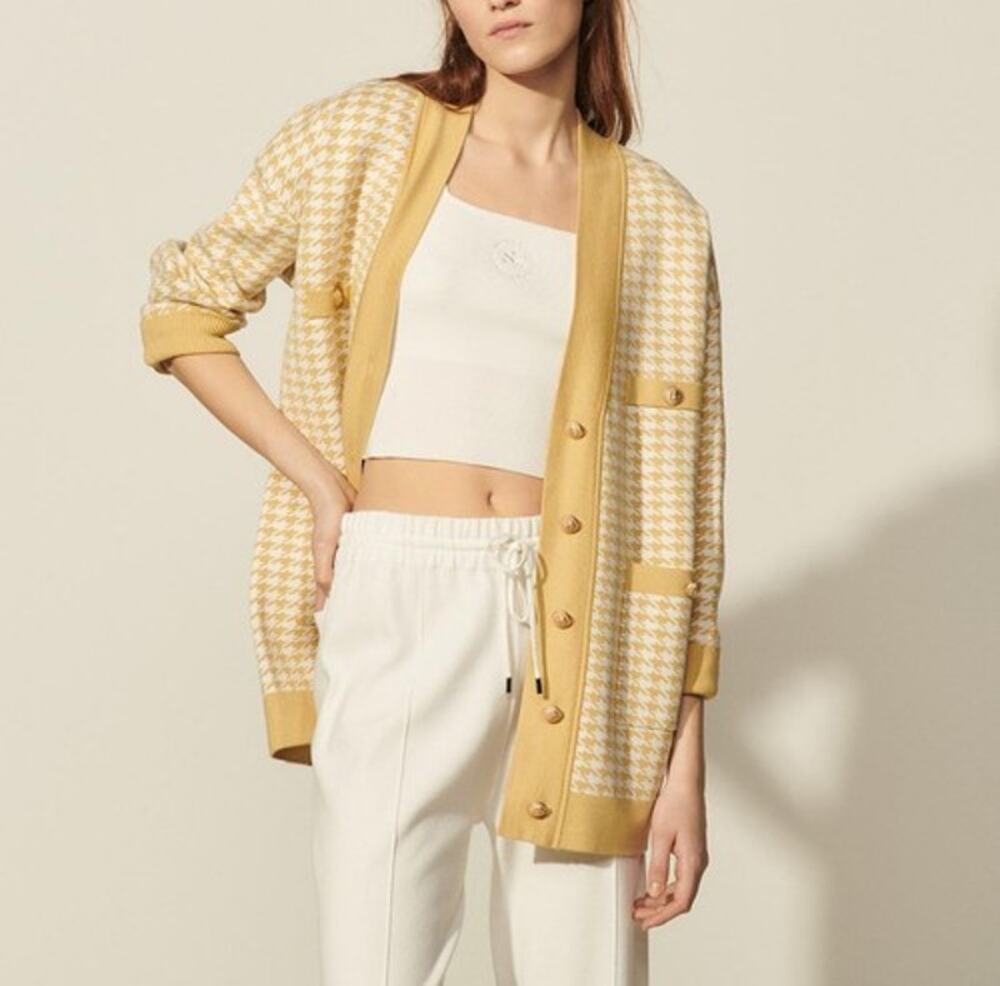 Sandro Dane Yellow Houndstooth Oversized Cardigan Sweater 0/2